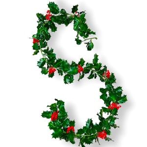 vintage shiny green plastic holly berry Christmas garland mcm 68”